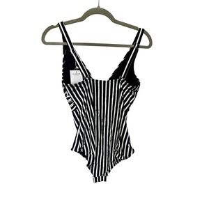 Eomenie‎ Womens Black White Striped One Piece Swimsuit V-Neck Ruched Waist Large